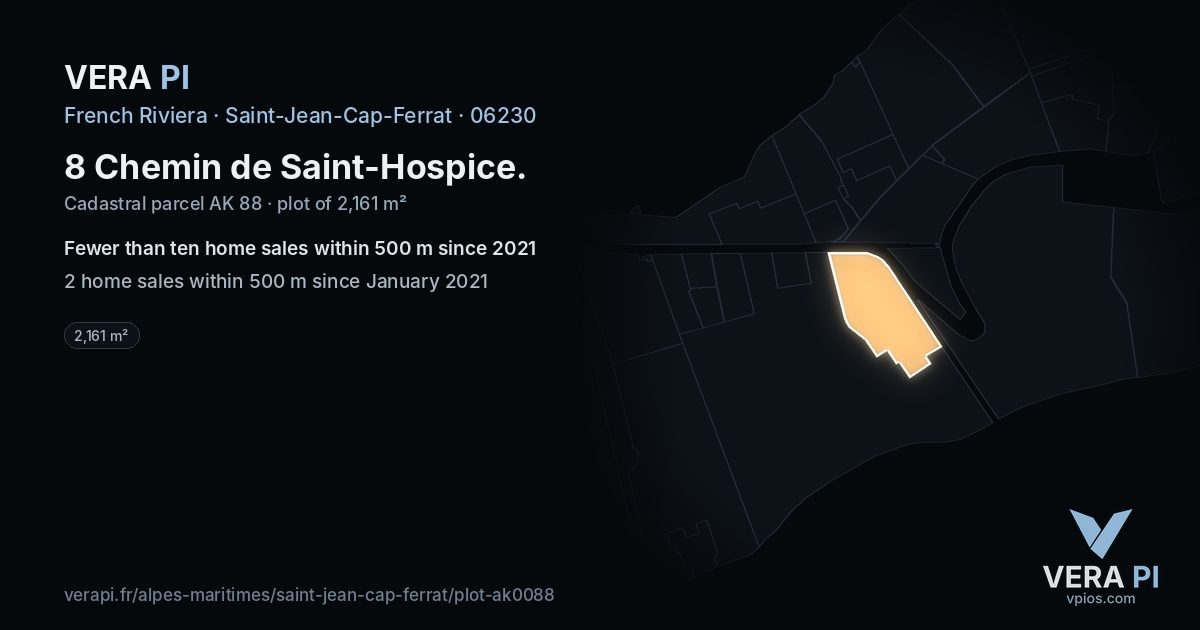 8 Chemin de Saint-Hospice, Saint-Jean-Cap-Ferrat at night – the plot lit, the parcels around coloured by the prices near them