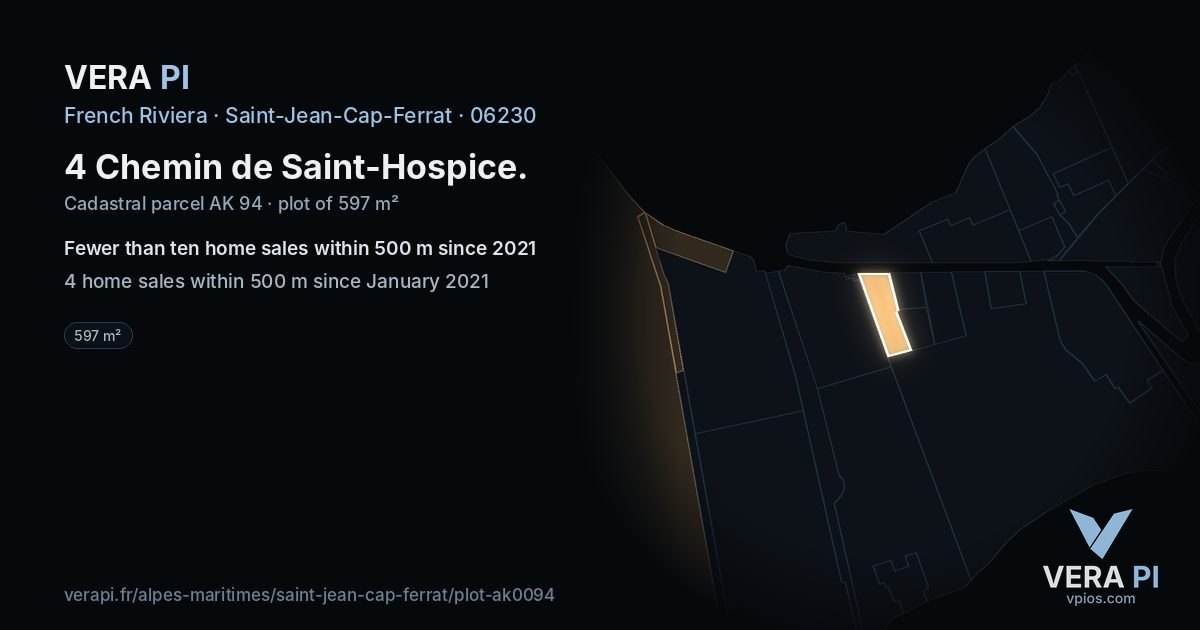 4 Chemin de Saint-Hospice, Saint-Jean-Cap-Ferrat at night – the plot lit, the parcels around coloured by the prices near them
