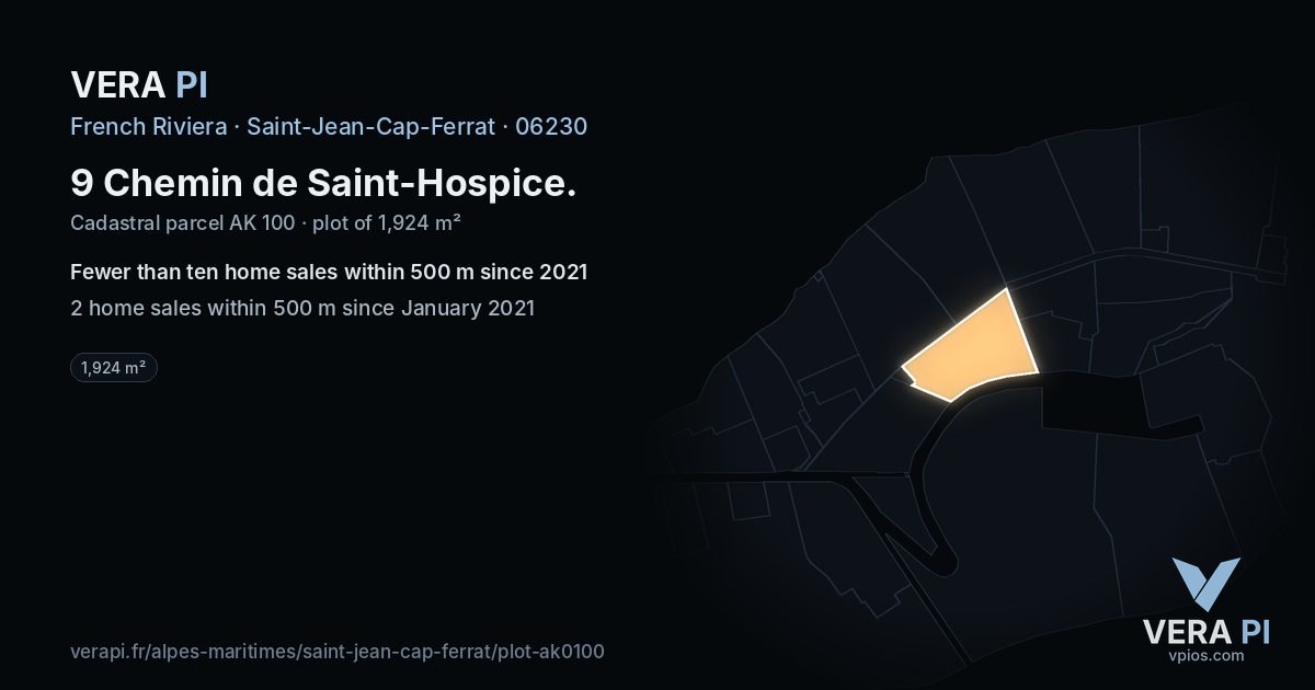 9 Chemin de Saint-Hospice, Saint-Jean-Cap-Ferrat at night – the plot lit, the parcels around coloured by the prices near them