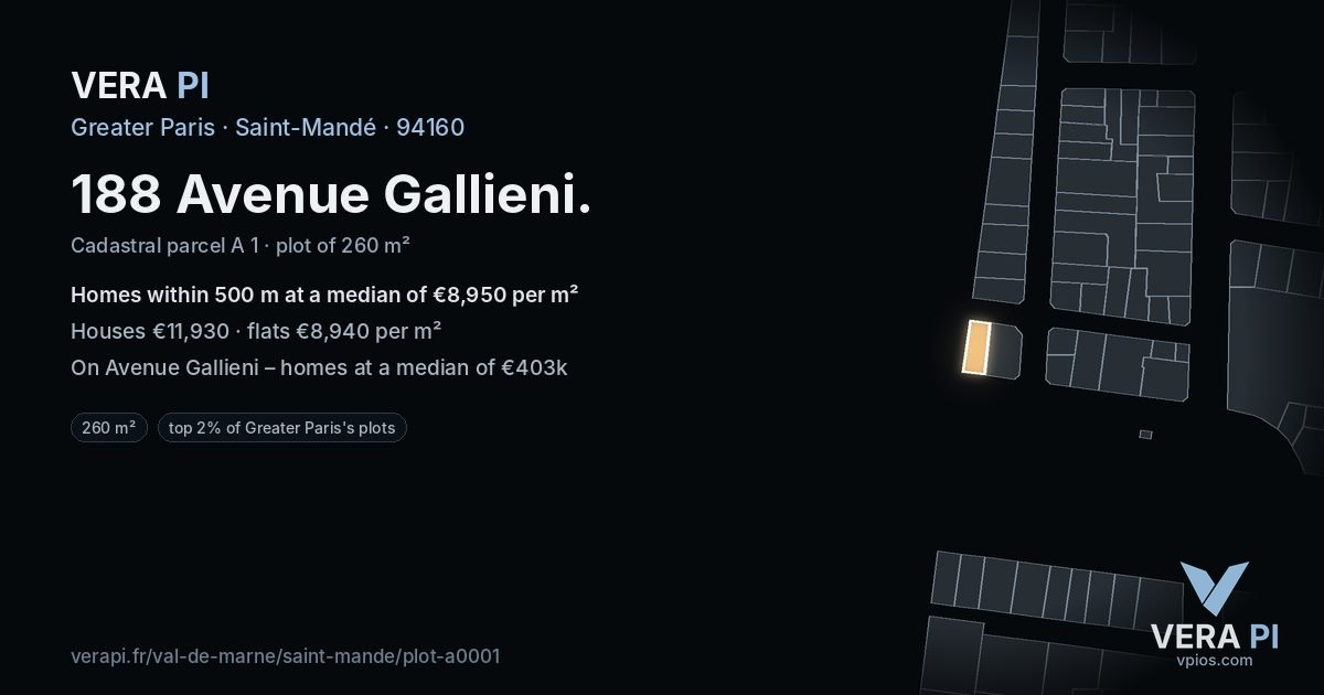 188 Avenue Gallieni, Saint-Mandé at night – the plot lit, the parcels around coloured by the prices near them