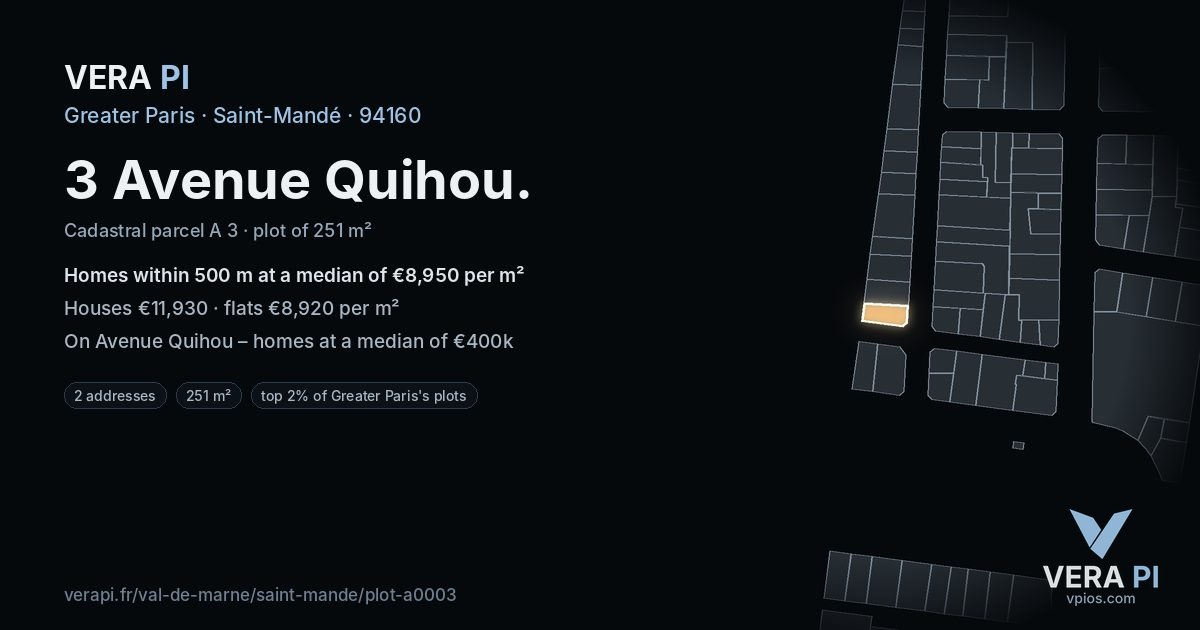 3 Avenue Quihou, Saint-Mandé at night – the plot lit, the parcels around coloured by the prices near them