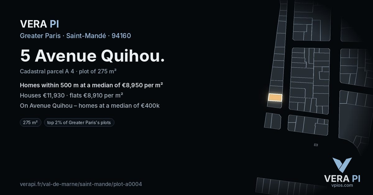 5 Avenue Quihou, Saint-Mandé at night – the plot lit, the parcels around coloured by the prices near them