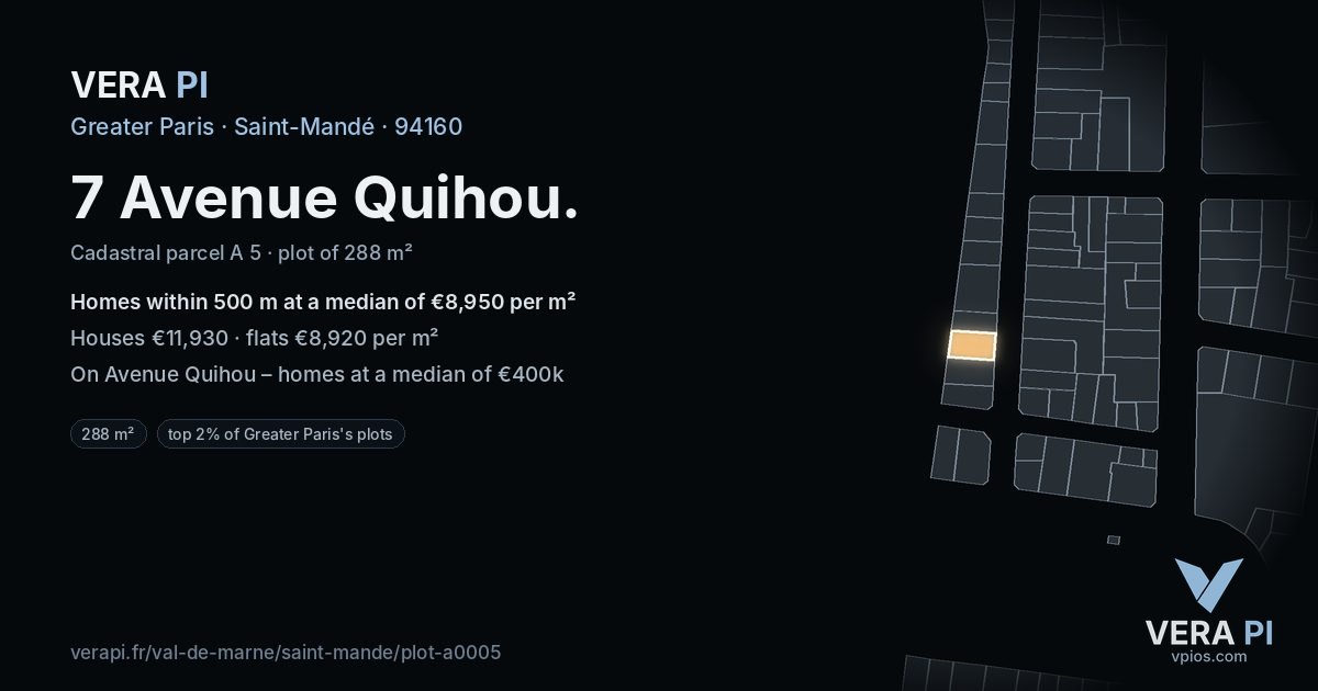 7 Avenue Quihou, Saint-Mandé at night – the plot lit, the parcels around coloured by the prices near them