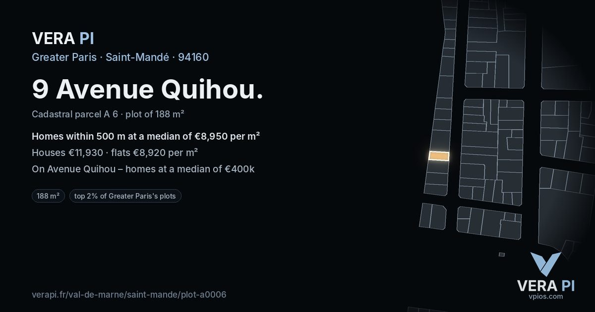 9 Avenue Quihou, Saint-Mandé at night – the plot lit, the parcels around coloured by the prices near them