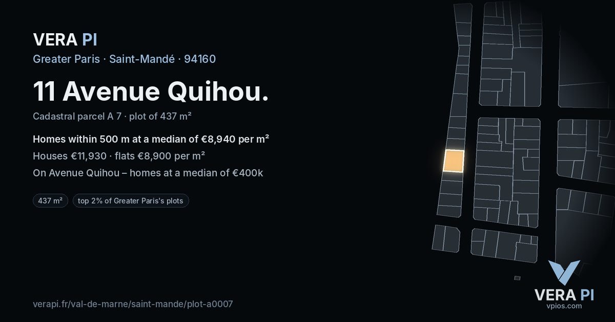 11 Avenue Quihou, Saint-Mandé at night – the plot lit, the parcels around coloured by the prices near them