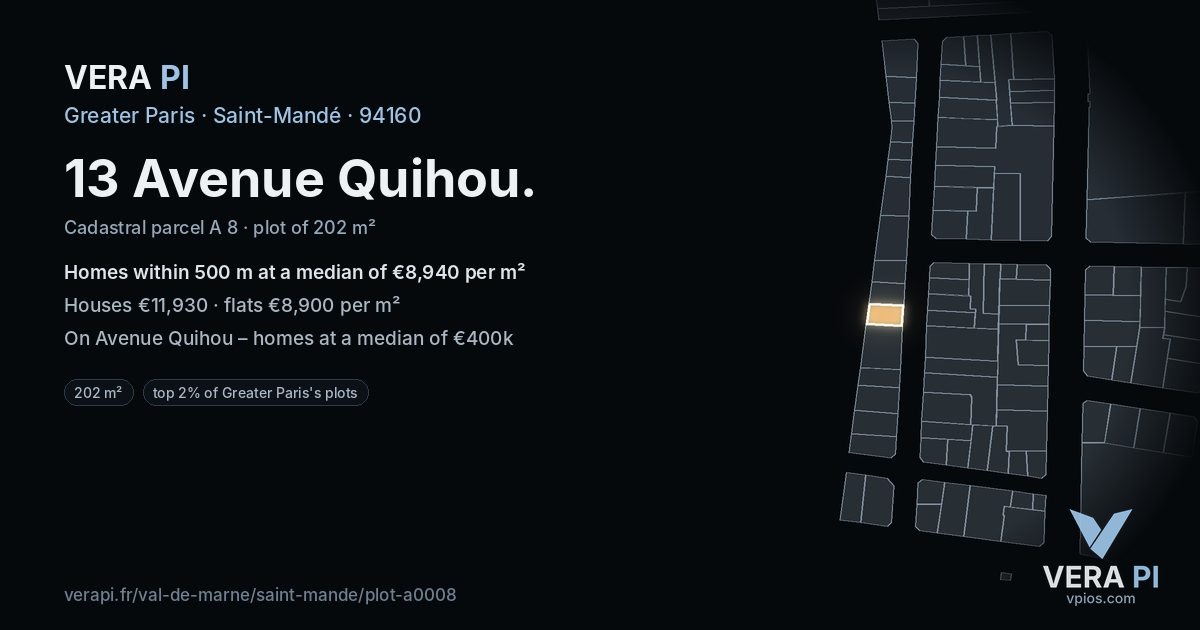 13 Avenue Quihou, Saint-Mandé at night – the plot lit, the parcels around coloured by the prices near them