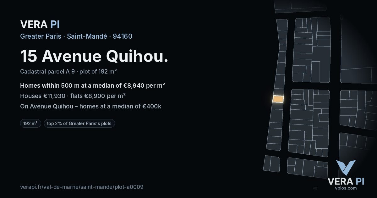 15 Avenue Quihou, Saint-Mandé at night – the plot lit, the parcels around coloured by the prices near them
