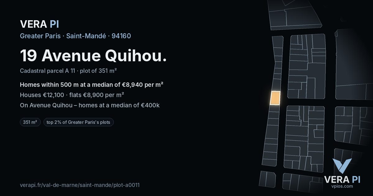 19 Avenue Quihou, Saint-Mandé at night – the plot lit, the parcels around coloured by the prices near them