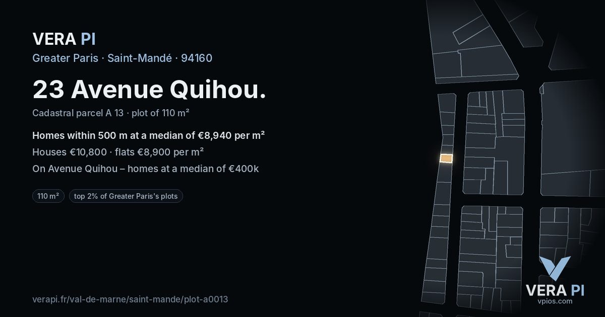 23 Avenue Quihou, Saint-Mandé at night – the plot lit, the parcels around coloured by the prices near them