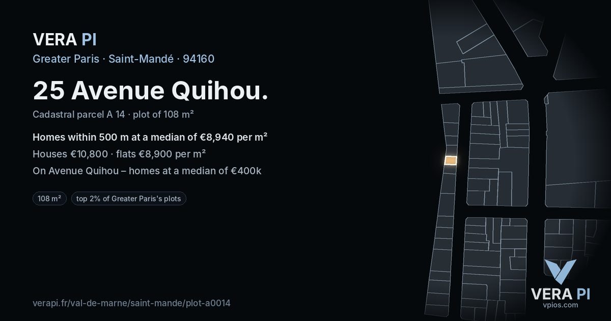 25 Avenue Quihou, Saint-Mandé at night – the plot lit, the parcels around coloured by the prices near them