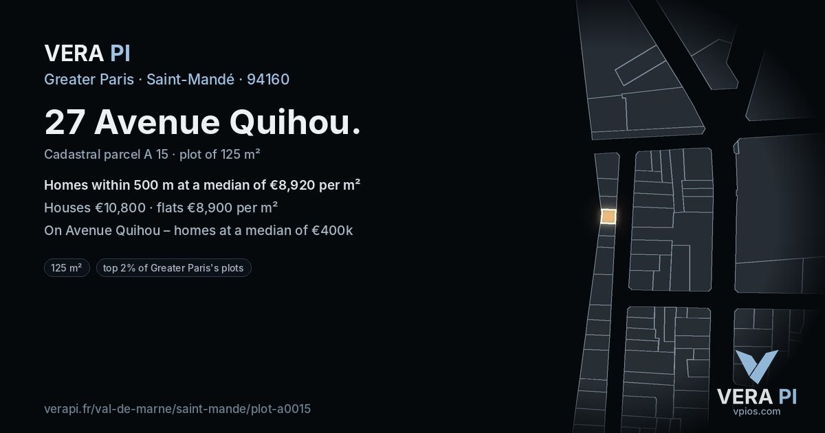 27 Avenue Quihou, Saint-Mandé at night – the plot lit, the parcels around coloured by the prices near them