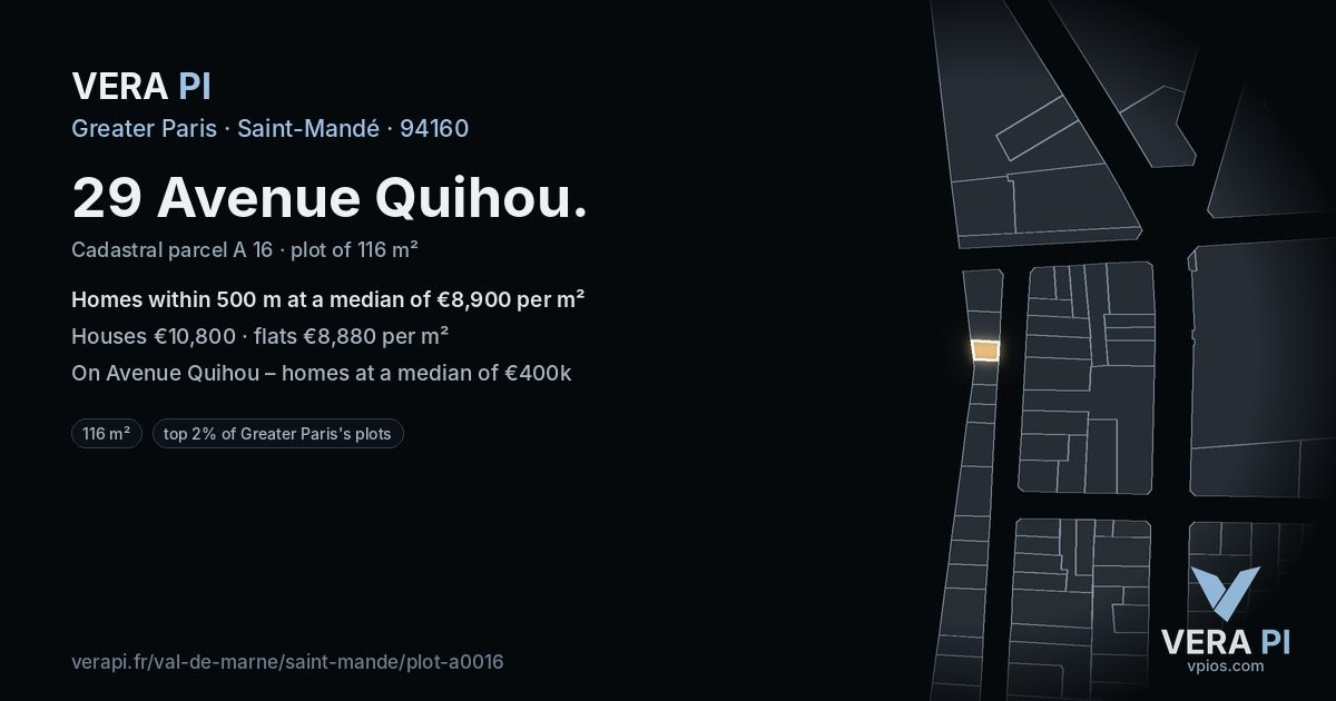 29 Avenue Quihou, Saint-Mandé at night – the plot lit, the parcels around coloured by the prices near them
