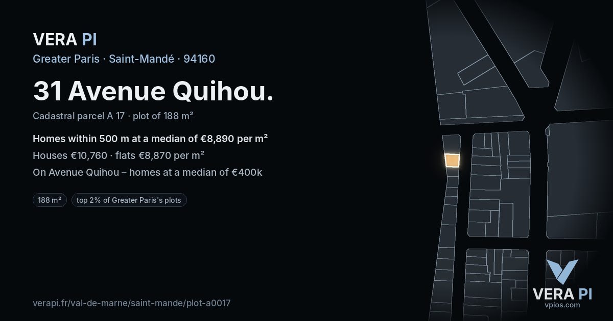 31 Avenue Quihou, Saint-Mandé at night – the plot lit, the parcels around coloured by the prices near them