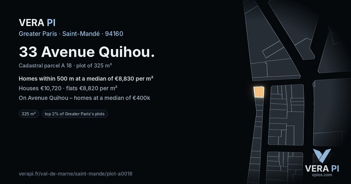 33 Avenue Quihou, Saint-Mandé at night – the plot lit, the parcels around coloured by the prices near them