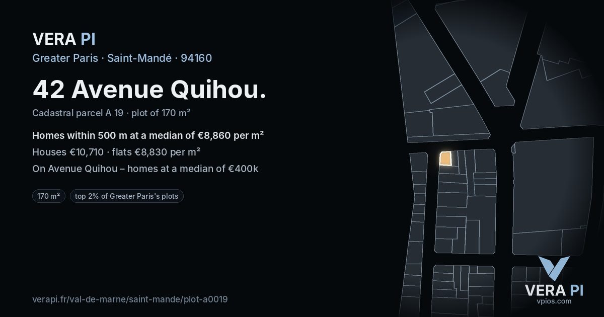 42 Avenue Quihou, Saint-Mandé at night – the plot lit, the parcels around coloured by the prices near them