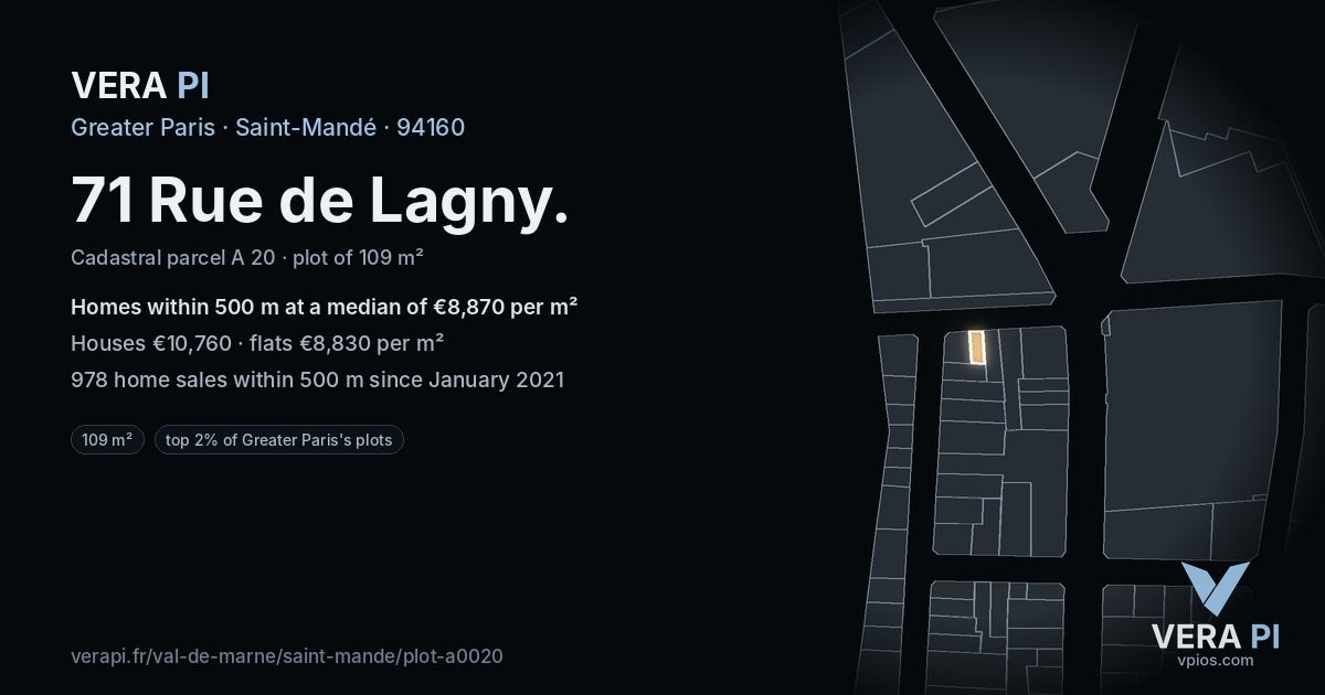 71 Rue de Lagny, Saint-Mandé at night – the plot lit, the parcels around coloured by the prices near them