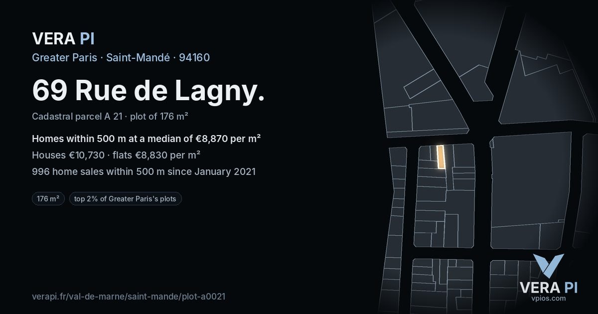 69 Rue de Lagny, Saint-Mandé at night – the plot lit, the parcels around coloured by the prices near them