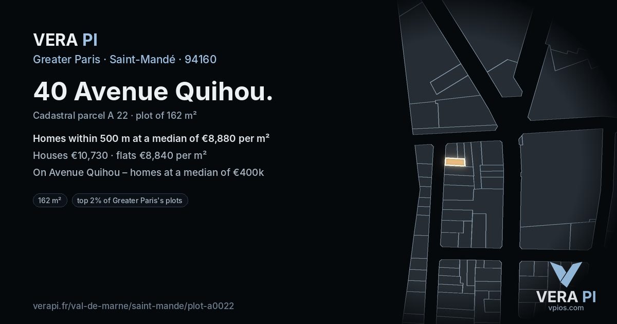 40 Avenue Quihou, Saint-Mandé at night – the plot lit, the parcels around coloured by the prices near them
