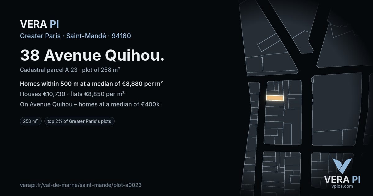 38 Avenue Quihou, Saint-Mandé at night – the plot lit, the parcels around coloured by the prices near them