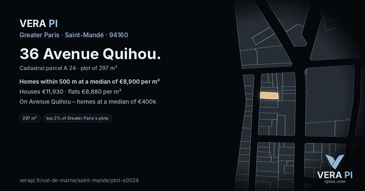 36 Avenue Quihou, Saint-Mandé at night – the plot lit, the parcels around coloured by the prices near them
