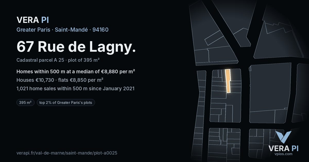 67 Rue de Lagny, Saint-Mandé at night – the plot lit, the parcels around coloured by the prices near them