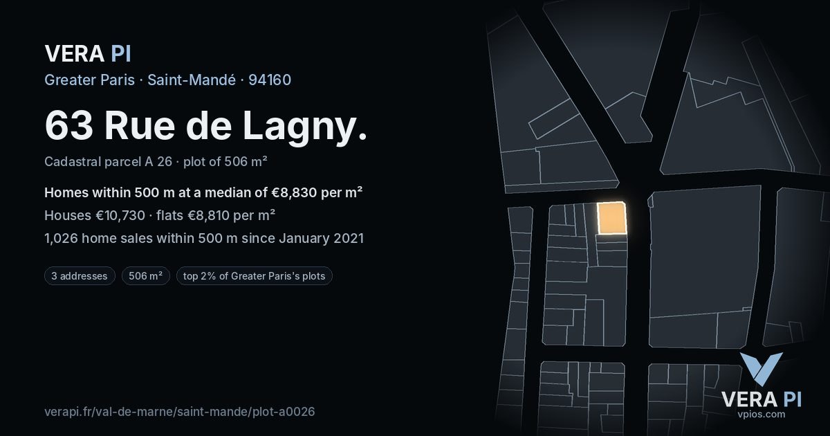 63 Rue de Lagny, Saint-Mandé at night – the plot lit, the parcels around coloured by the prices near them