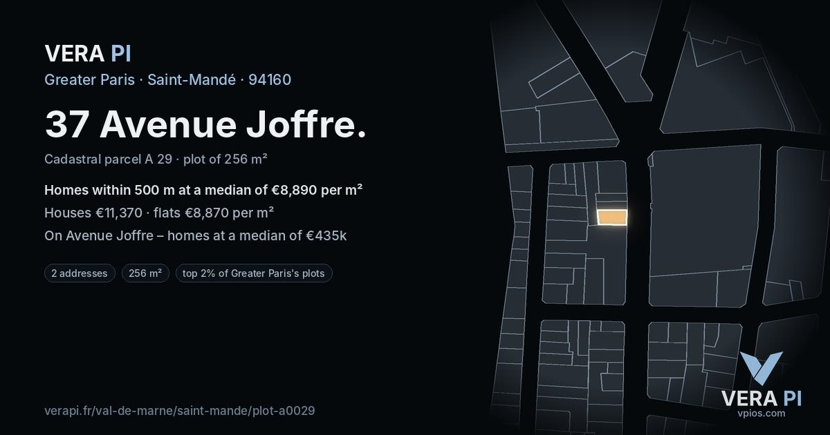 37 Avenue Joffre, Saint-Mandé at night – the plot lit, the parcels around coloured by the prices near them