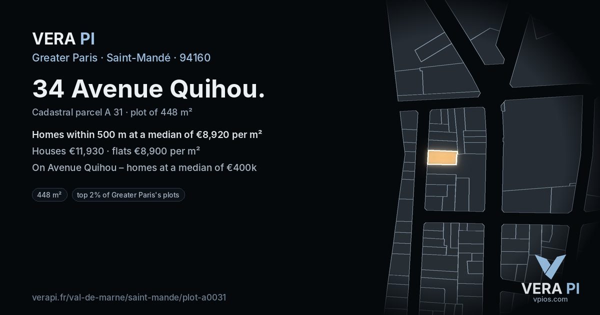 34 Avenue Quihou, Saint-Mandé at night – the plot lit, the parcels around coloured by the prices near them