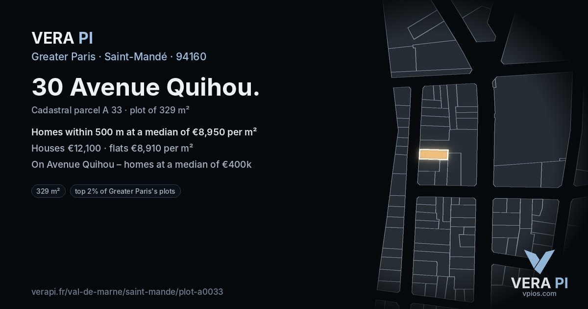 30 Avenue Quihou, Saint-Mandé at night – the plot lit, the parcels around coloured by the prices near them