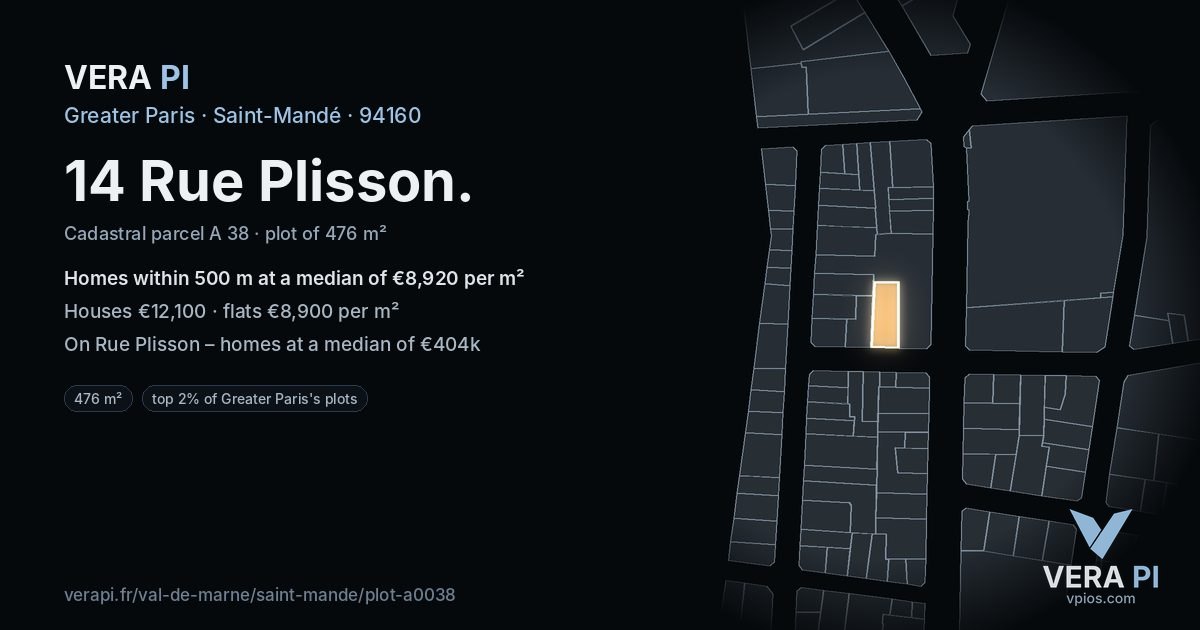 14 Rue Plisson, Saint-Mandé at night – the plot lit, the parcels around coloured by the prices near them