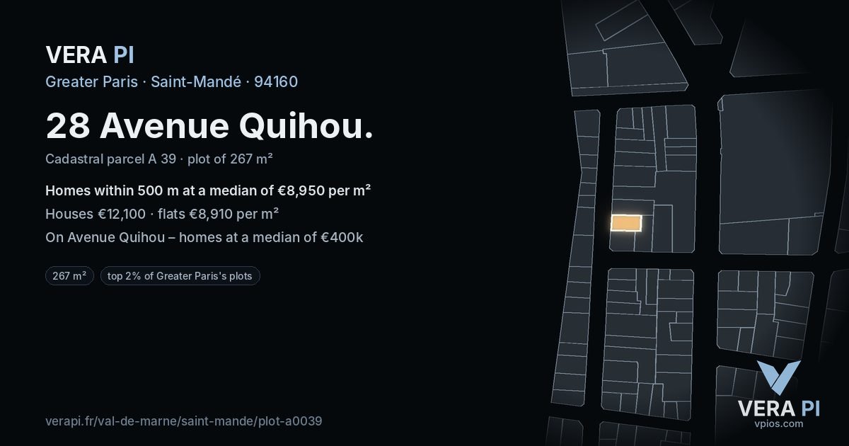 28 Avenue Quihou, Saint-Mandé at night – the plot lit, the parcels around coloured by the prices near them