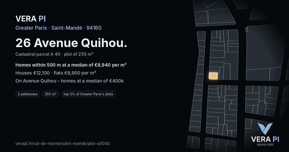 26 Avenue Quihou, Saint-Mandé at night – the plot lit, the parcels around coloured by the prices near them