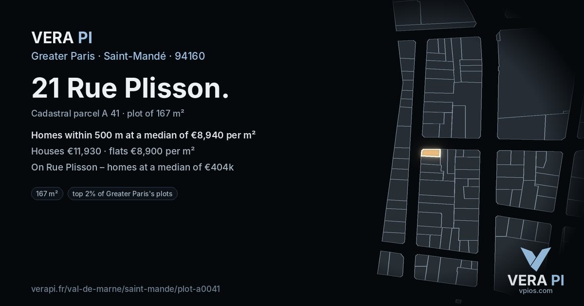 21 Rue Plisson, Saint-Mandé at night – the plot lit, the parcels around coloured by the prices near them
