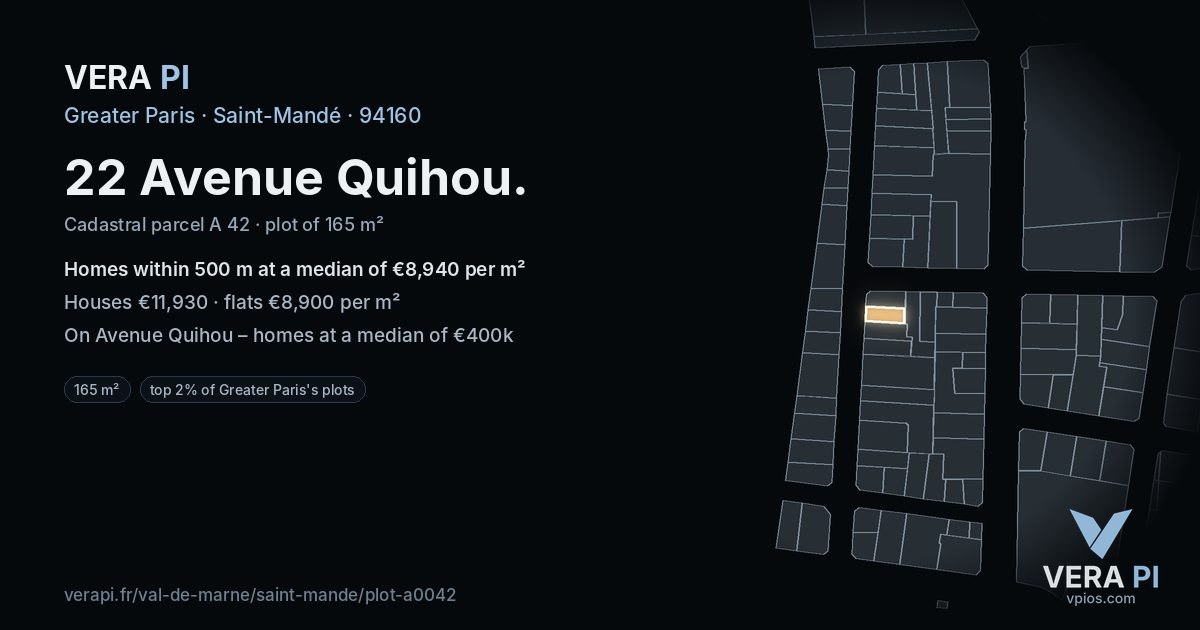 22 Avenue Quihou, Saint-Mandé at night – the plot lit, the parcels around coloured by the prices near them