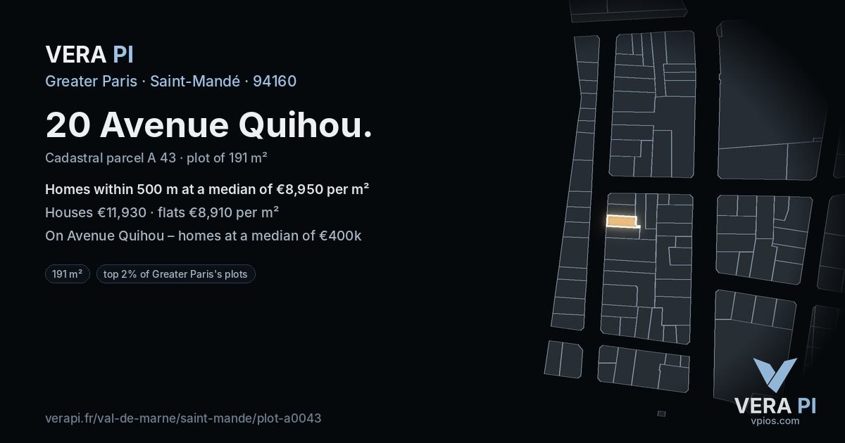 20 Avenue Quihou, Saint-Mandé at night – the plot lit, the parcels around coloured by the prices near them
