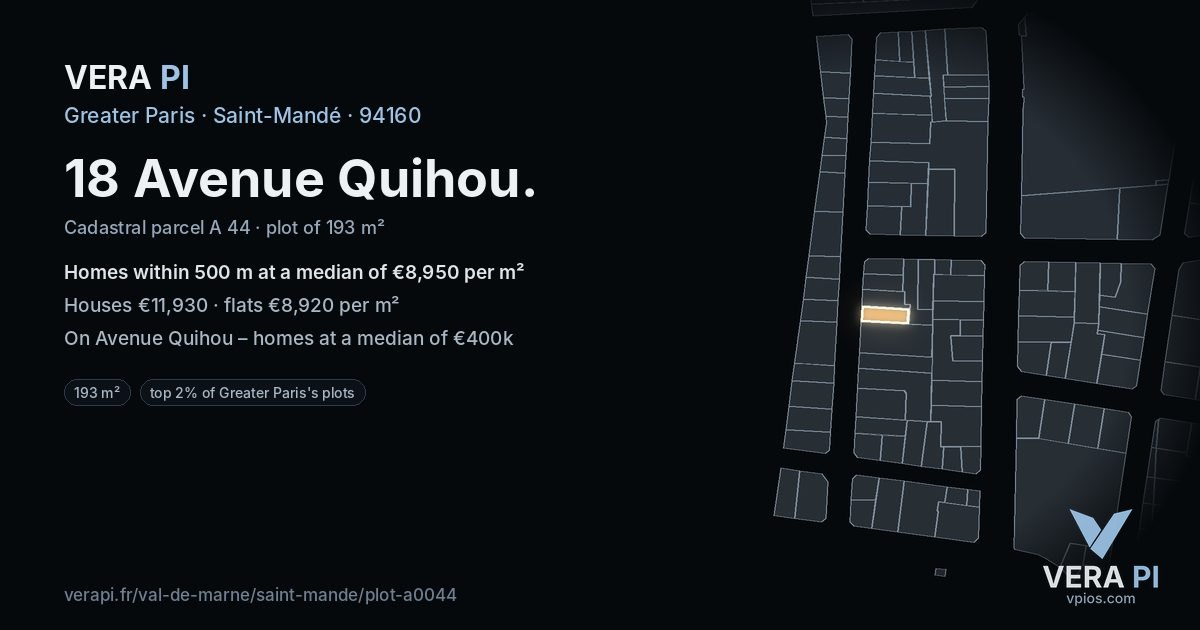 18 Avenue Quihou, Saint-Mandé at night – the plot lit, the parcels around coloured by the prices near them