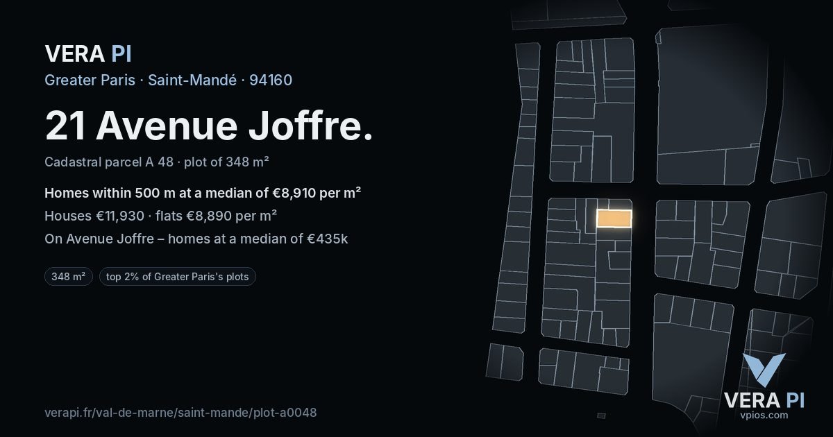 21 Avenue Joffre, Saint-Mandé at night – the plot lit, the parcels around coloured by the prices near them