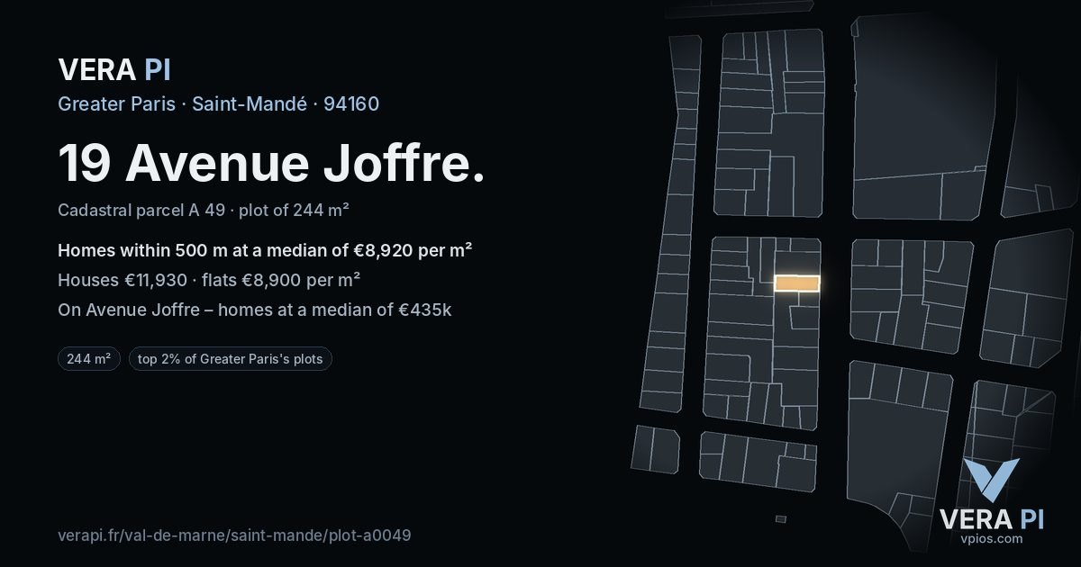 19 Avenue Joffre, Saint-Mandé at night – the plot lit, the parcels around coloured by the prices near them