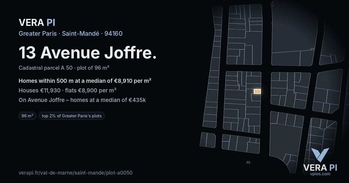 13 Avenue Joffre, Saint-Mandé at night – the plot lit, the parcels around coloured by the prices near them
