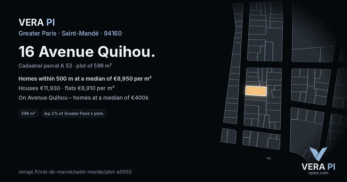 16 Avenue Quihou, Saint-Mandé at night – the plot lit, the parcels around coloured by the prices near them