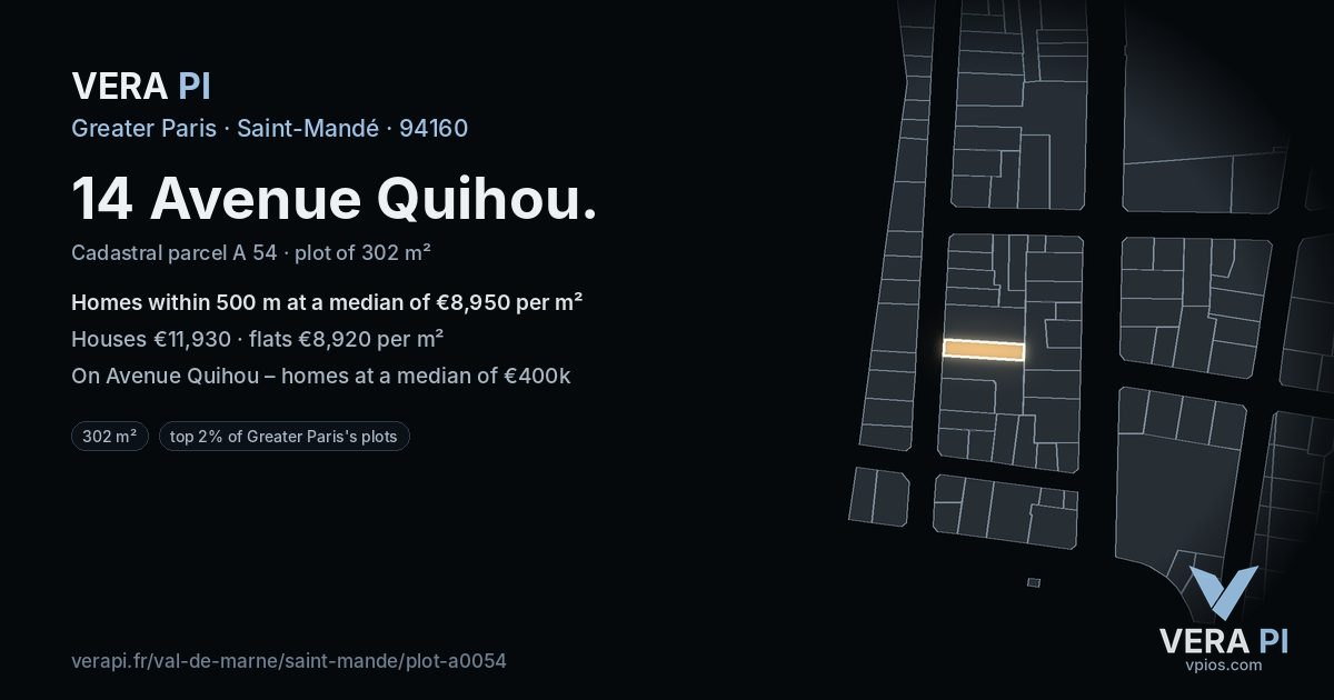 14 Avenue Quihou, Saint-Mandé at night – the plot lit, the parcels around coloured by the prices near them
