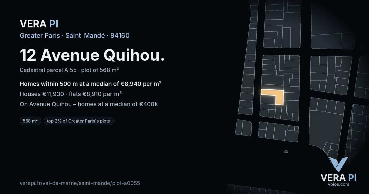 12 Avenue Quihou, Saint-Mandé at night – the plot lit, the parcels around coloured by the prices near them