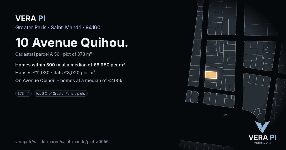 10 Avenue Quihou, Saint-Mandé at night – the plot lit, the parcels around coloured by the prices near them