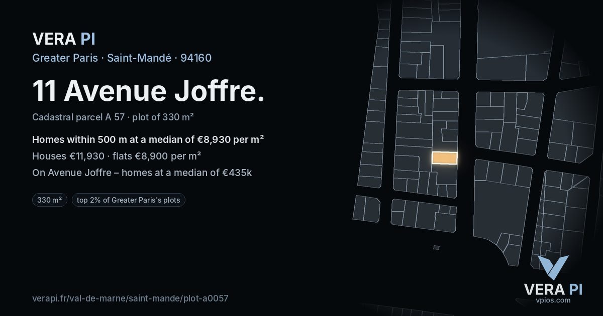 11 Avenue Joffre, Saint-Mandé at night – the plot lit, the parcels around coloured by the prices near them