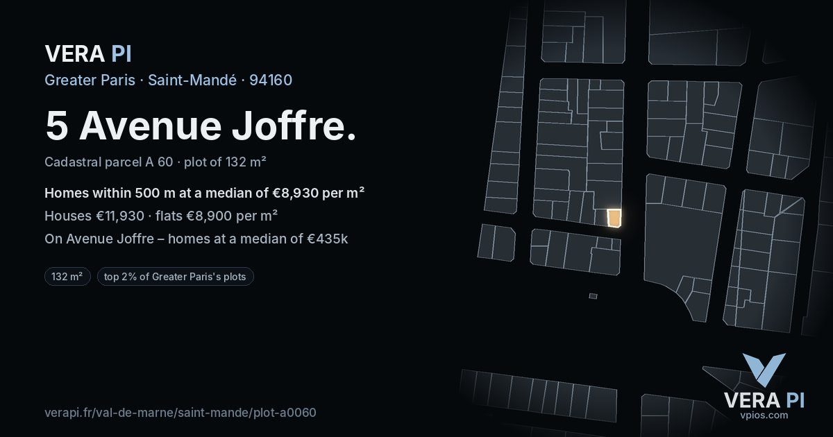 5 Avenue Joffre, Saint-Mandé at night – the plot lit, the parcels around coloured by the prices near them
