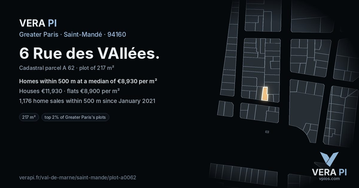 6 Rue des VAllées, Saint-Mandé at night – the plot lit, the parcels around coloured by the prices near them