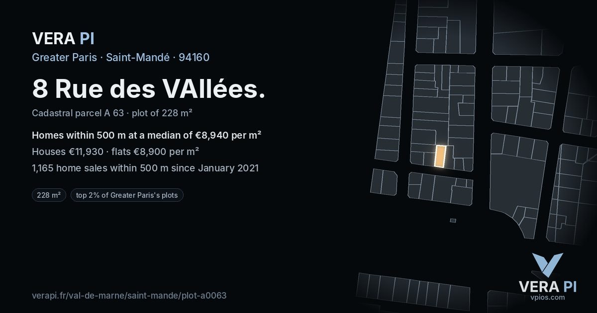 8 Rue des VAllées, Saint-Mandé at night – the plot lit, the parcels around coloured by the prices near them
