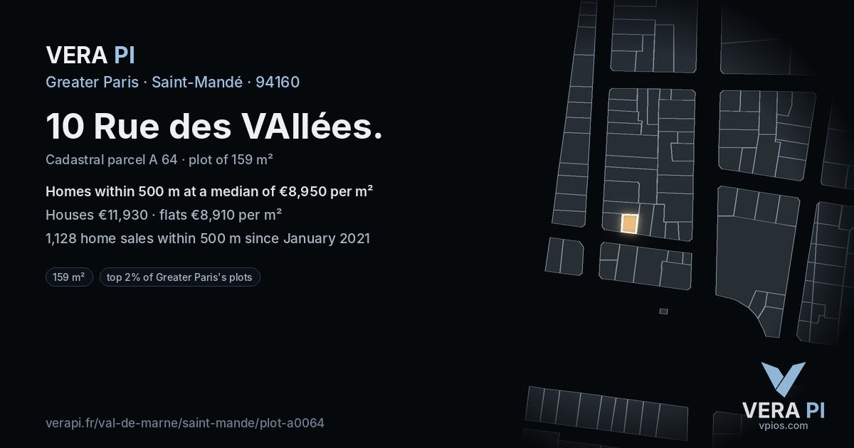 10 Rue des VAllées, Saint-Mandé at night – the plot lit, the parcels around coloured by the prices near them