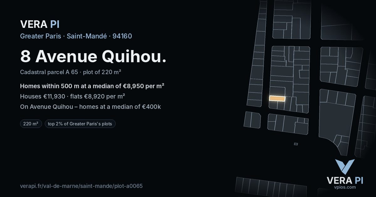 8 Avenue Quihou, Saint-Mandé at night – the plot lit, the parcels around coloured by the prices near them