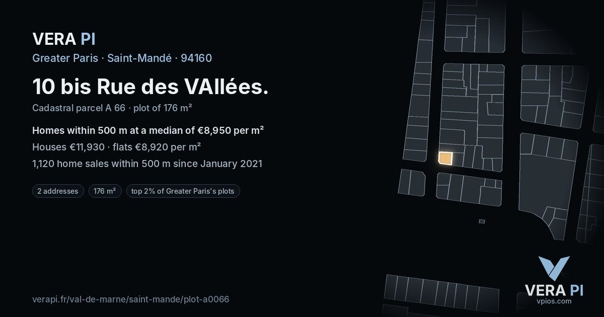 10 bis Rue des VAllées, Saint-Mandé at night – the plot lit, the parcels around coloured by the prices near them